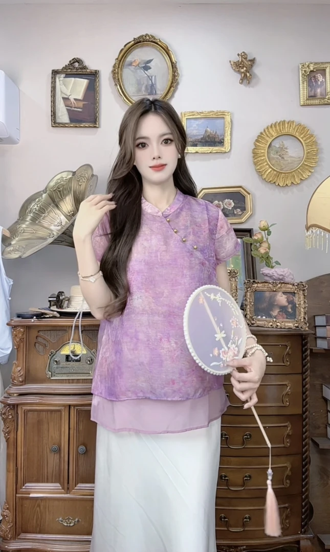 新中式国风夏季女装宽松显瘦立领短袖上衣适合妈妈穿着