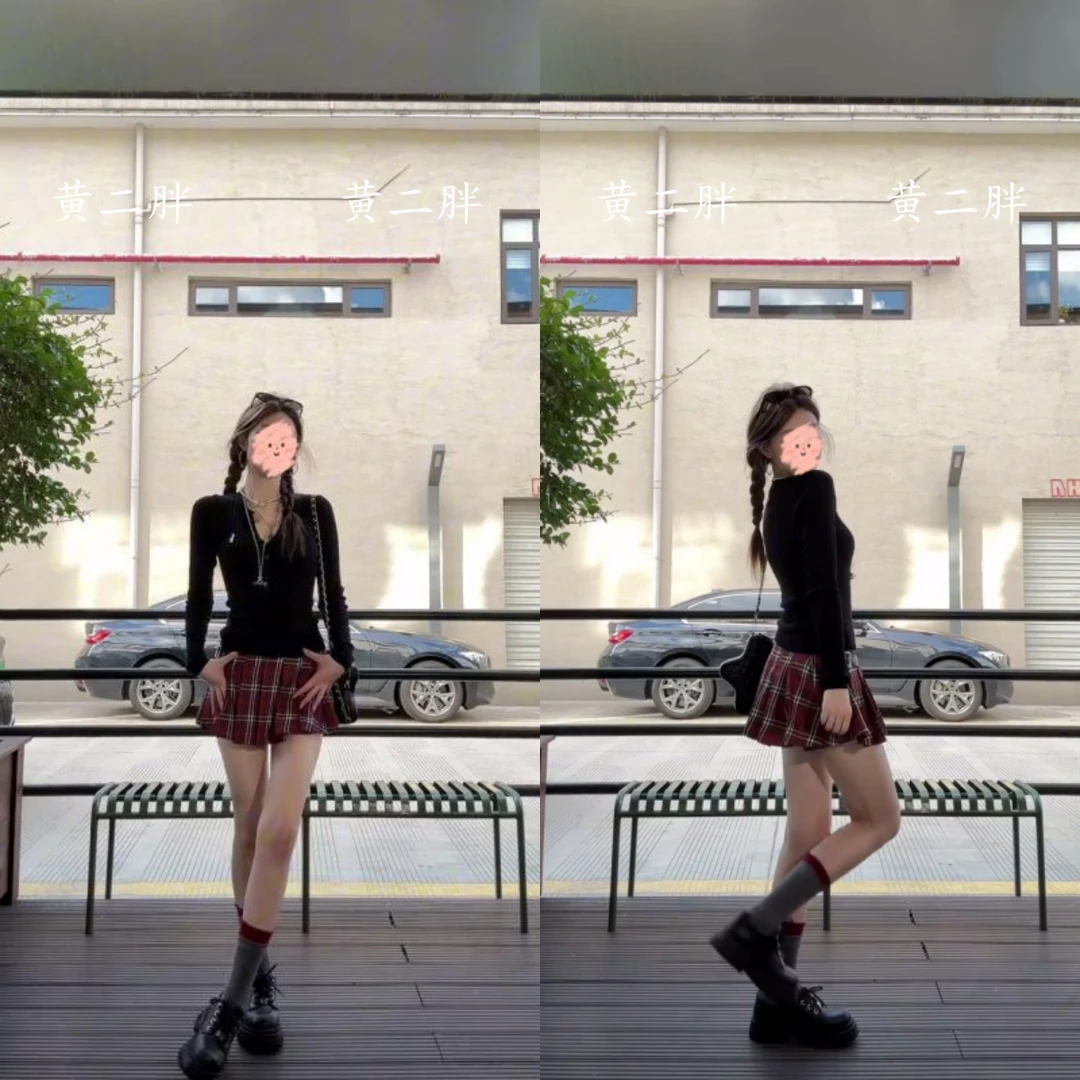 黑色V领长袖针织T恤女美式辣妹修身显瘦内搭上衣+格纹短裙套装潮