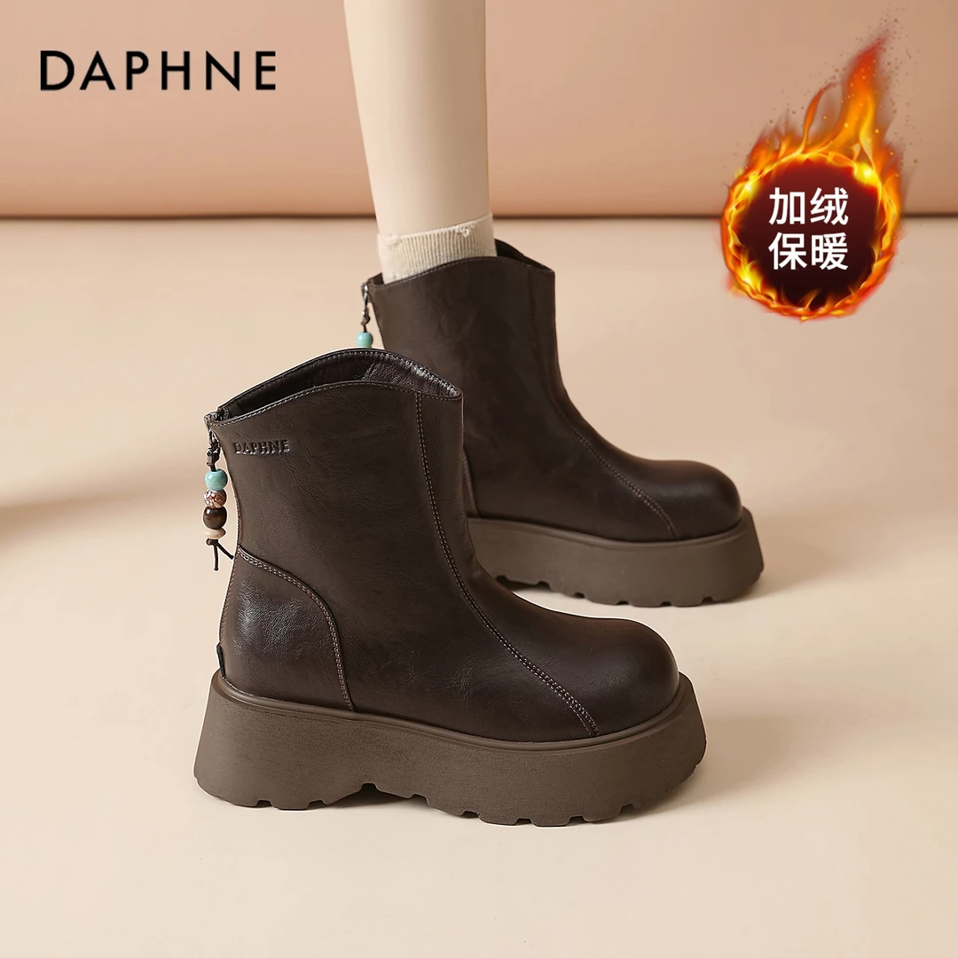 达芙妮短靴女2025新款冬季加绒马丁靴保暖雪地靴复古棕色切尔西靴