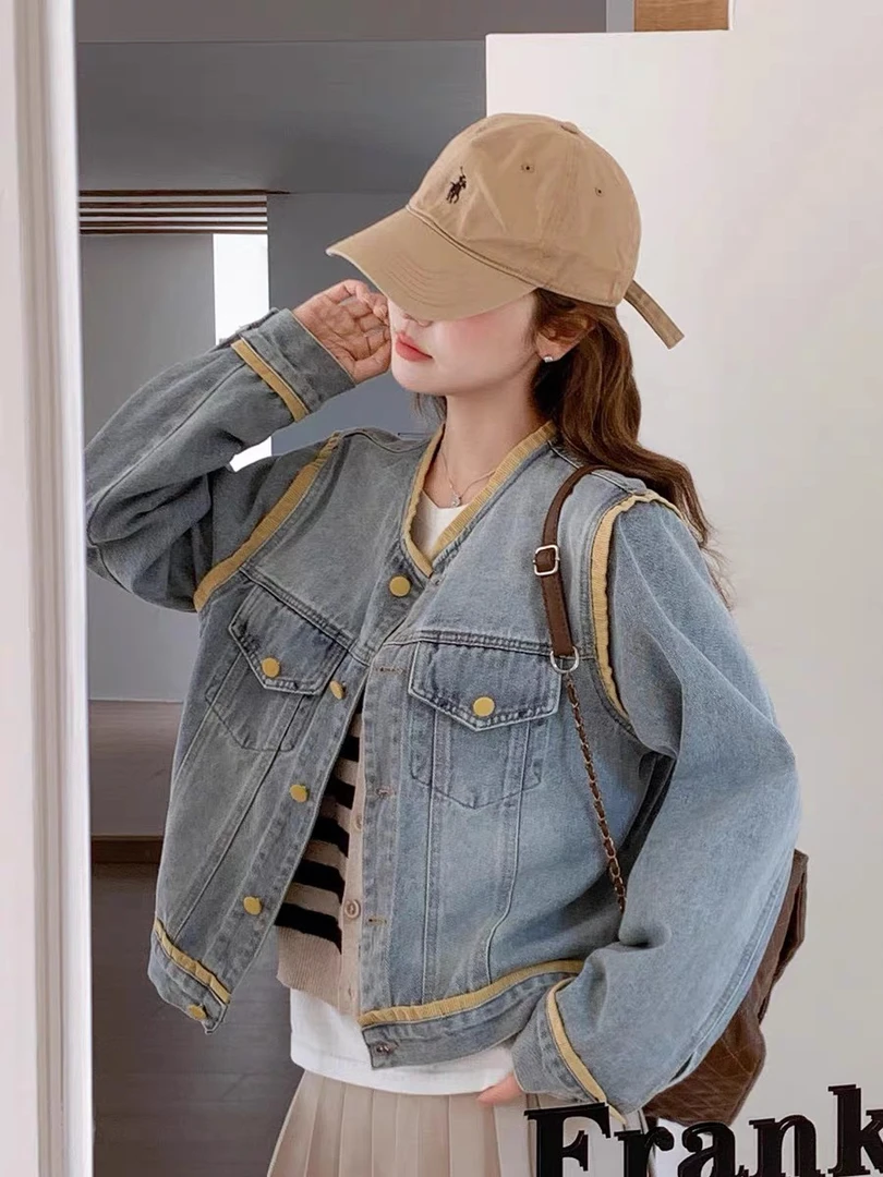 韩版休闲圆领撞色牛仔外套女春季2025新款小个子宽松百搭短款夹克