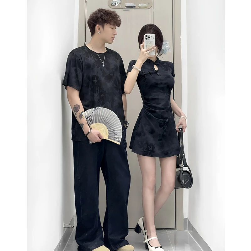 新中式情侣装夏季小众设计感短袖T恤女旗袍连衣裙国风一裙一衣潮