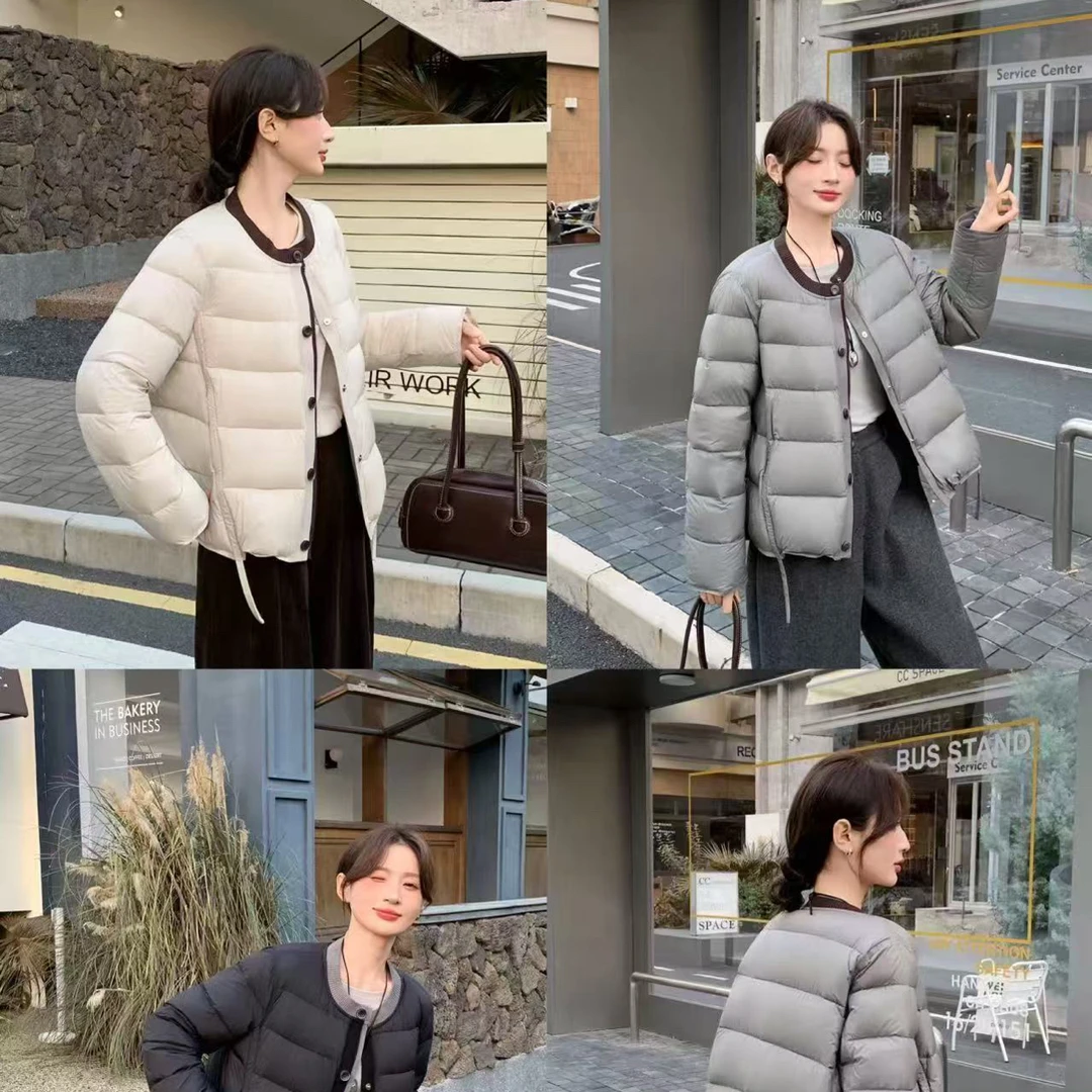 （衣长59）907冬季新款白鸭绒针织拼接圆领保暖短款女外套