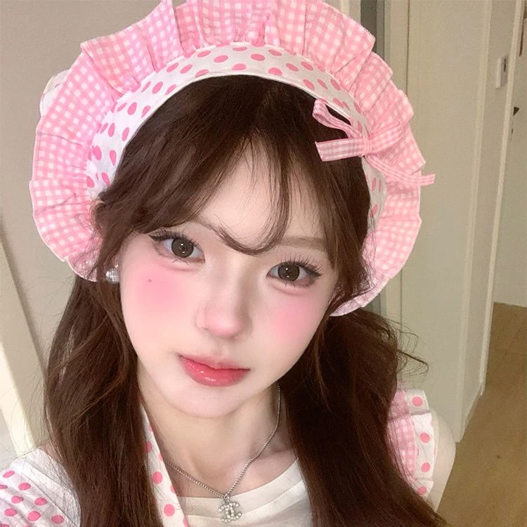 粉红厨娘 波点格子花边头巾发夹女甜美lolita发饰cos装扮拍照道具