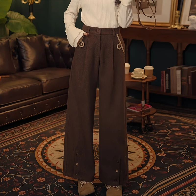 SHALLDOER【焦糖朗姆】宽松显瘦保暖长裤女2026冬季复古优雅休闲裤