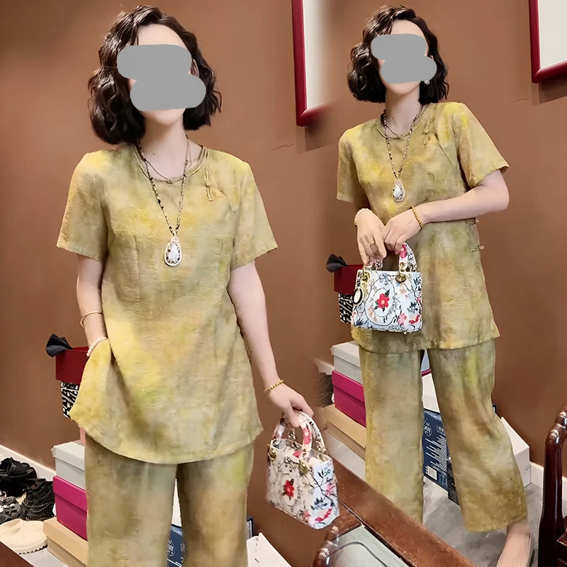 新中式国风2025夏季高级感复古气质名媛轻奢黄色盘扣上衣套装裤女