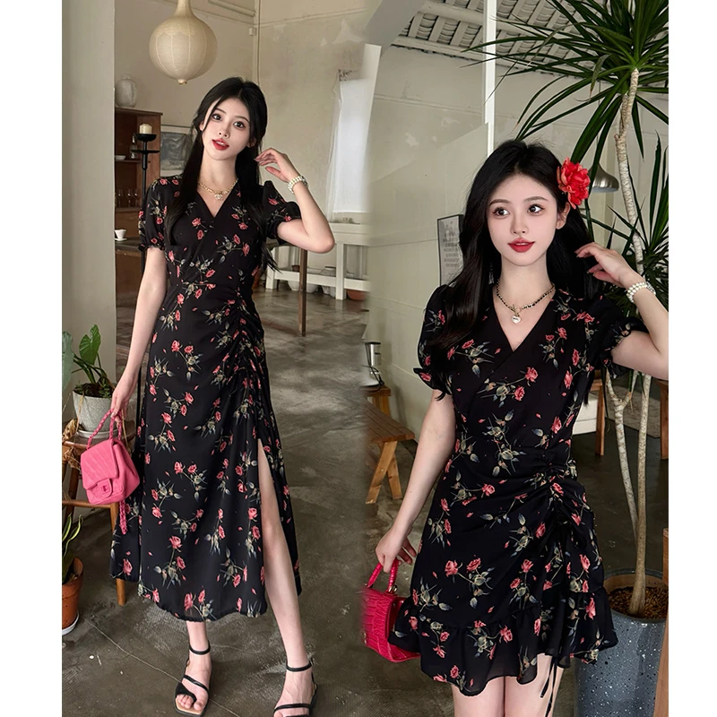 2025夏季大码女装新款时尚法式开叉显瘦胖MM收腰长短款连衣裙