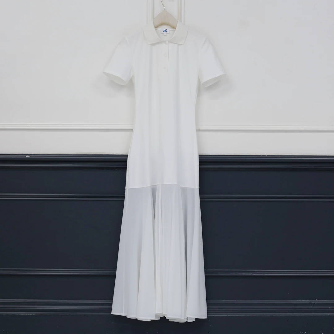 2507121【壁虎姐】GECKO夏季新款 白色POLO领短袖拼接连衣裙