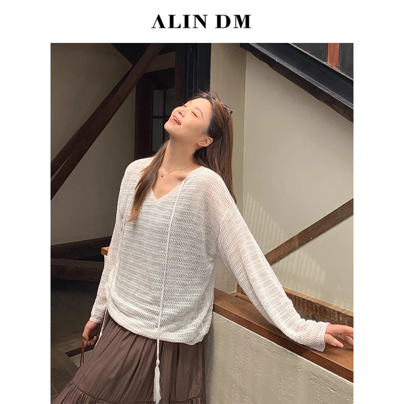 ALINDM【椰风薄纱】大码微胖mm针织镂空罩衫V领防晒长袖T恤 L80256