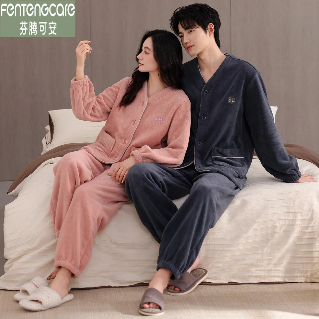 芬腾可安法兰绒秋冬款情侣睡衣冬季加厚加绒保暖冬天家居服可外穿