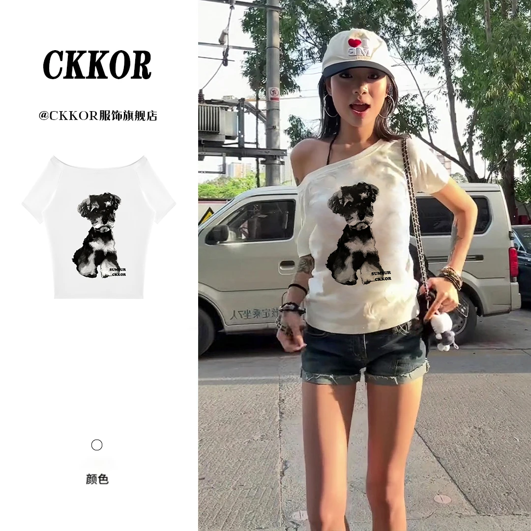 CKKOR学院穿搭一字肩短袖t恤女夏季新款欧美风印花宽松百搭上衣服