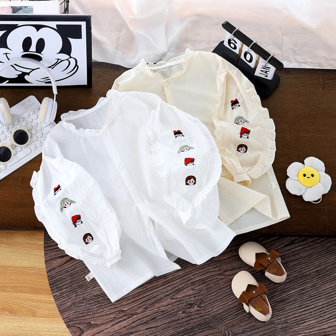 2025春款女童打底衫女孩儿衬衣刺绣百搭洋气外穿长袖儿童衬衫春秋