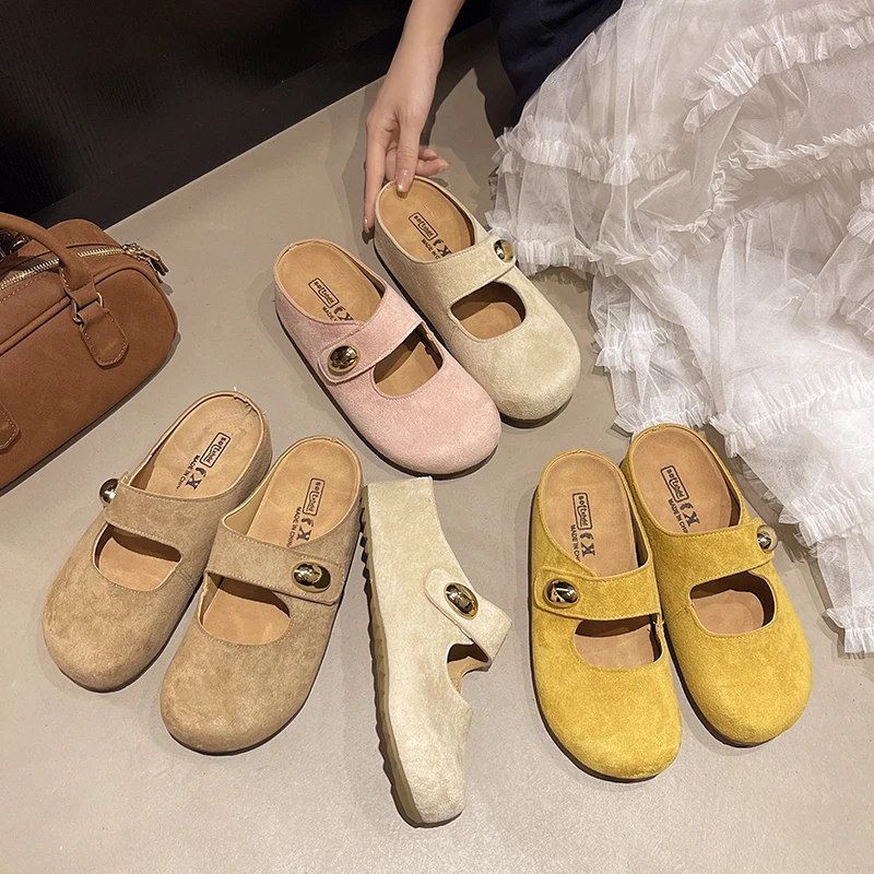 法式勃肯半拖鞋女新款夏厚底小金豆内增高一脚蹬魔术贴包头拖鞋