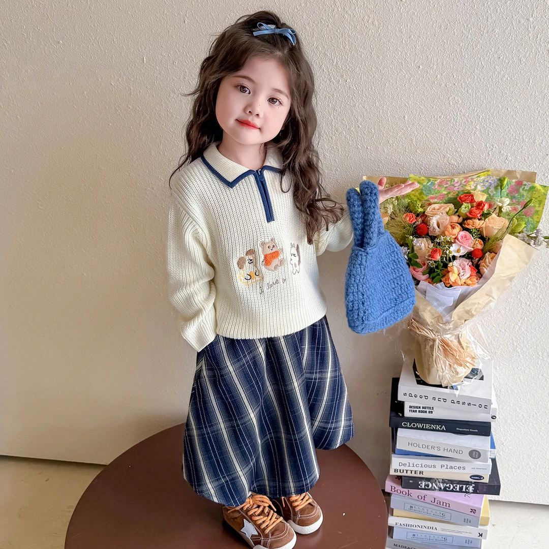 女童2025秋季新款儿童韩版卡通小狗绣花中小童POLO领针织毛衣