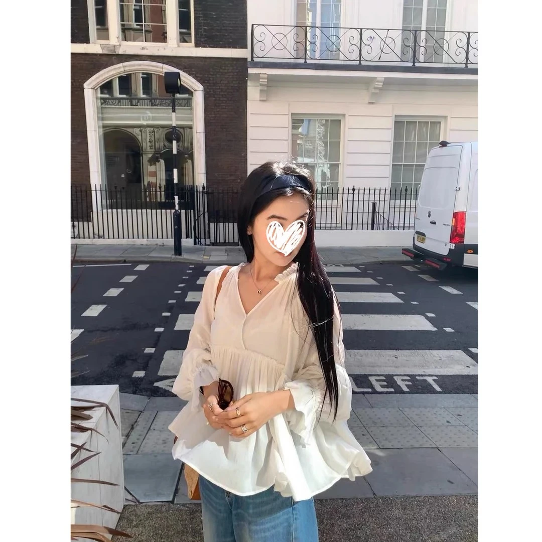 慵懒散摆 早秋新款V领重工多褶法式遮肉显瘦宽松衬衫上衣 #C1013