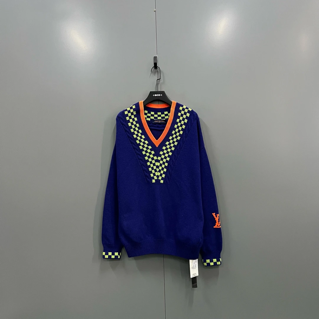 99新 LouisVuitton/路易威登 (ll) V领格子羊毛针织衫 L码/018244