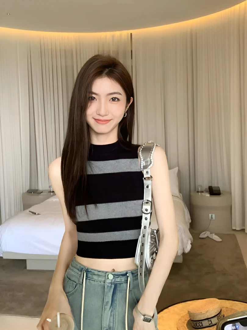 半高领条纹针织吊带背心女夏季短款修身外穿露脐上衣