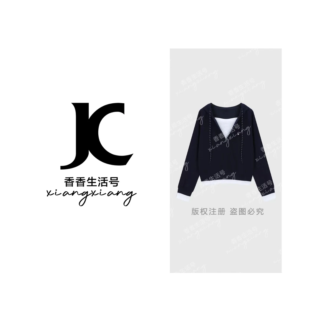 【婷婷专属】秋季假两件常规款卫衣连帽休闲拼接女装-66833