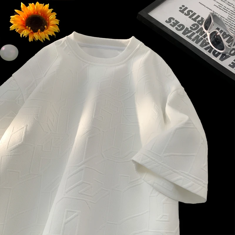 短袖免烫处理日常T恤白色设计感ins男士潮流百搭重磅休闲韩版上衣