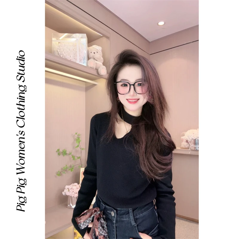 猪猪专属秋冬季新款挂脖毛衣针织锁骨打底衫2138