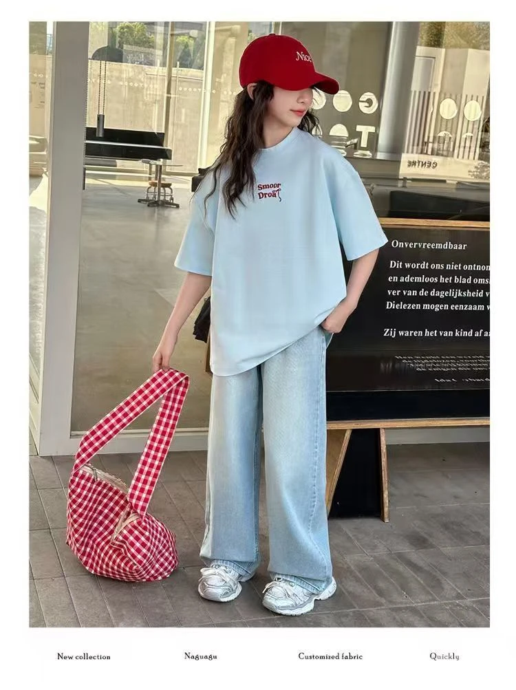 夏季休闲风短袖时尚宽松中大童女童纯棉洋气网红儿童女孩印花绣花