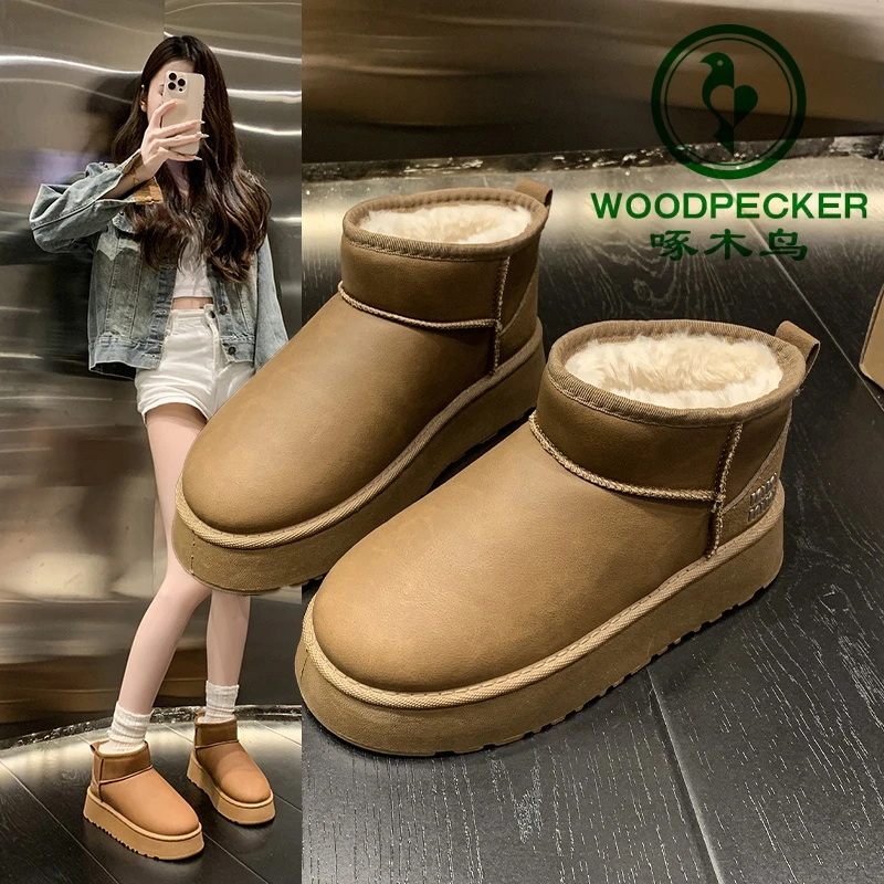woodpecker/啄木鸟冬季新款百搭厚底增高防水棉鞋加厚短筒雪地靴
