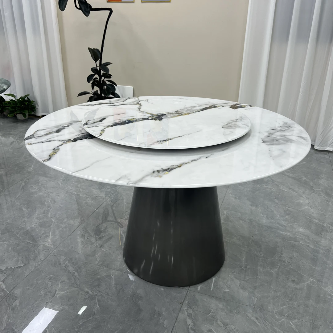 【大圆筒】卡里冰玉天然大理石圆形餐桌椅现代简约意式家用转盘圆桌