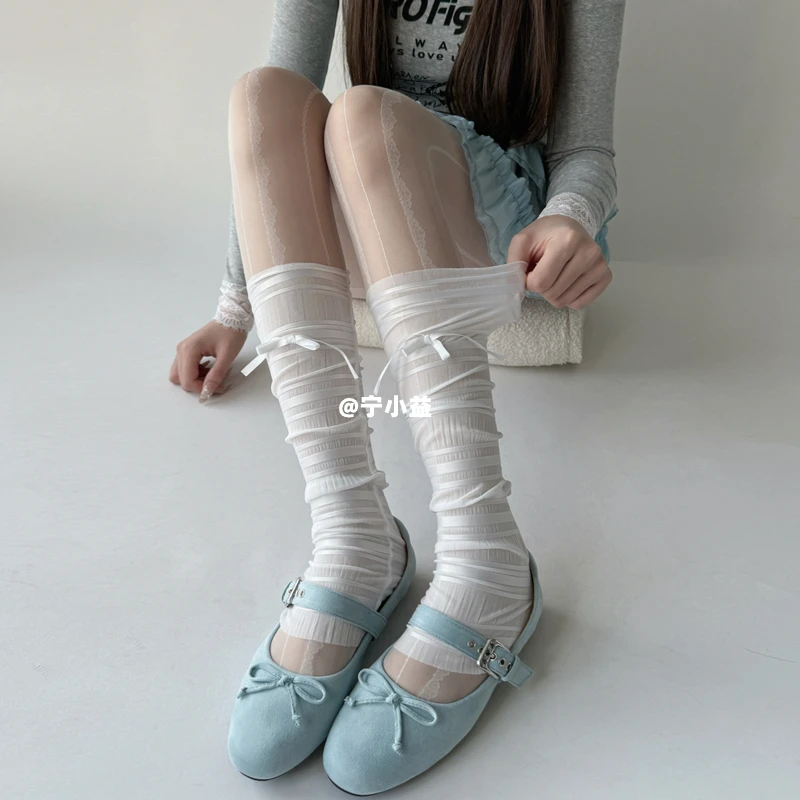 宁小益蝴蝶结冰丝袜套夏季薄款袜子女小腿套白色芭蕾风中筒堆堆袜