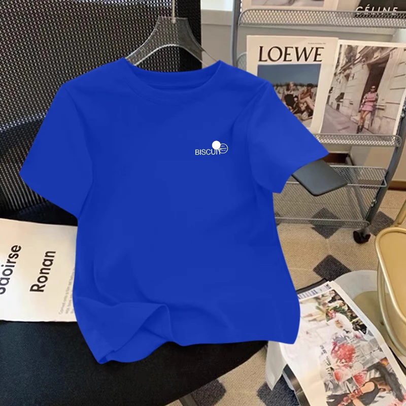 欧货蓝色短袖T恤女2025夏季新款宽松百搭圆领休闲正肩打底衫上衣