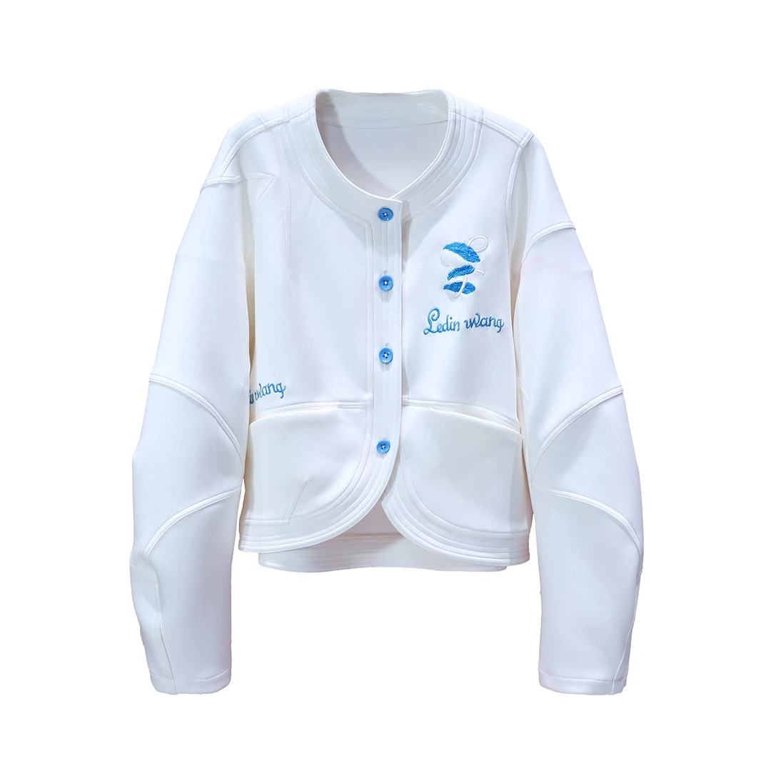 【程二定制】设计师款时尚象牙白撞色刺绣棒球领卫衣/6655A