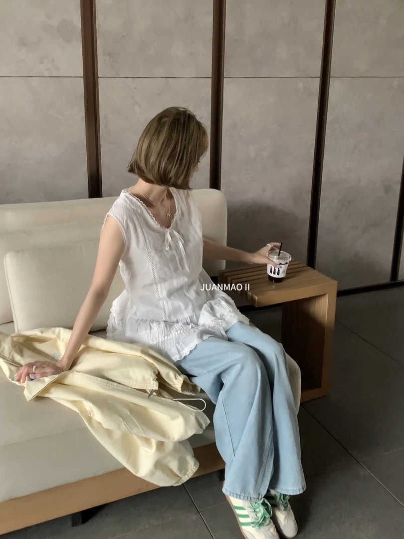 【雾隐】2025新品蕾丝蛋糕下摆无袖背心裙女春夏叠穿吊带V领上衣女