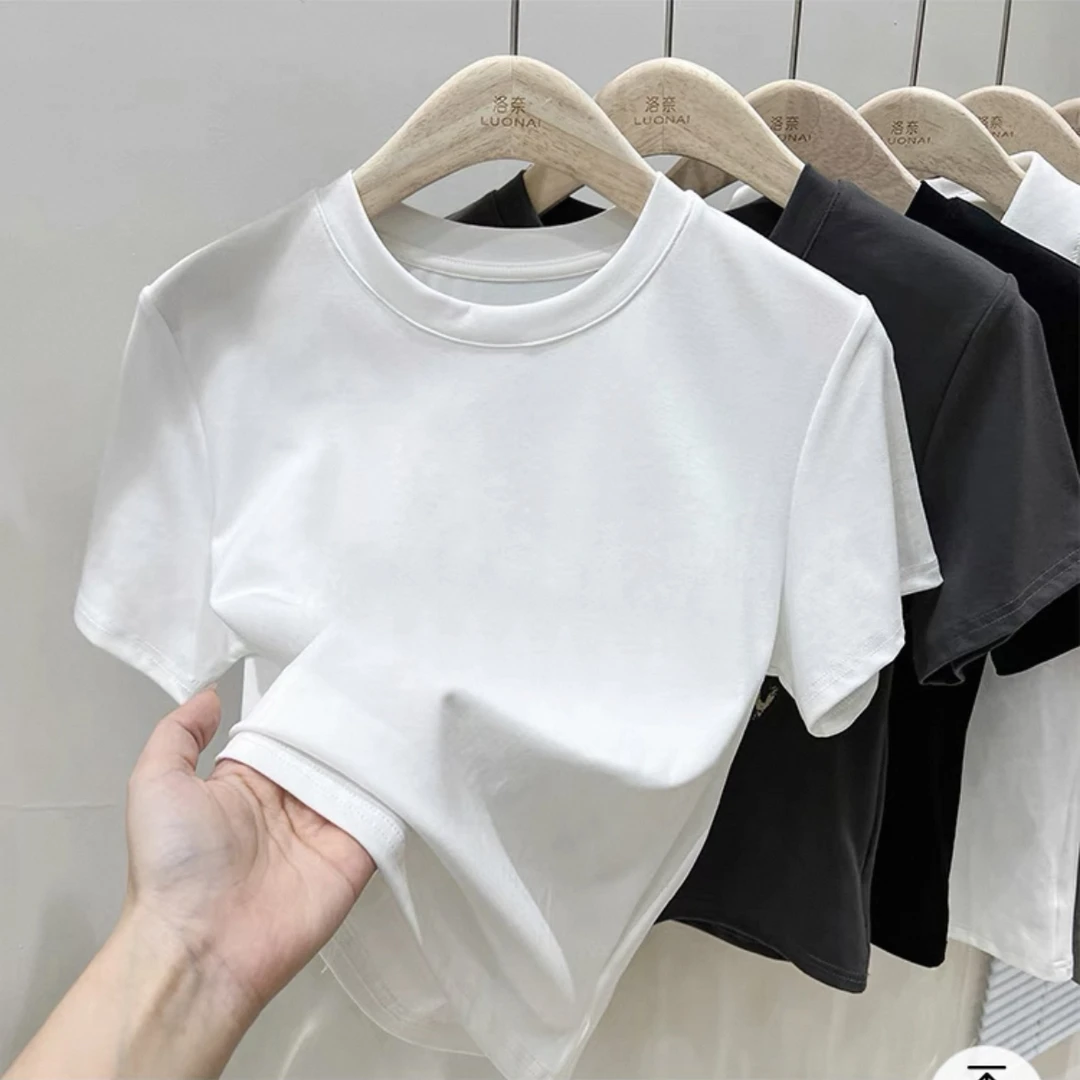 韩版短袖纯色短款修身ins风T恤2205