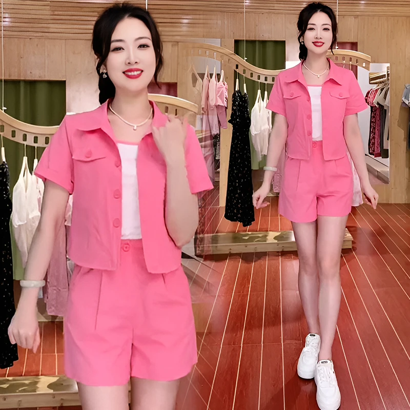 小个子时尚套装女2025年夏季新款休闲洋气减龄短袖开衫短裤两件套