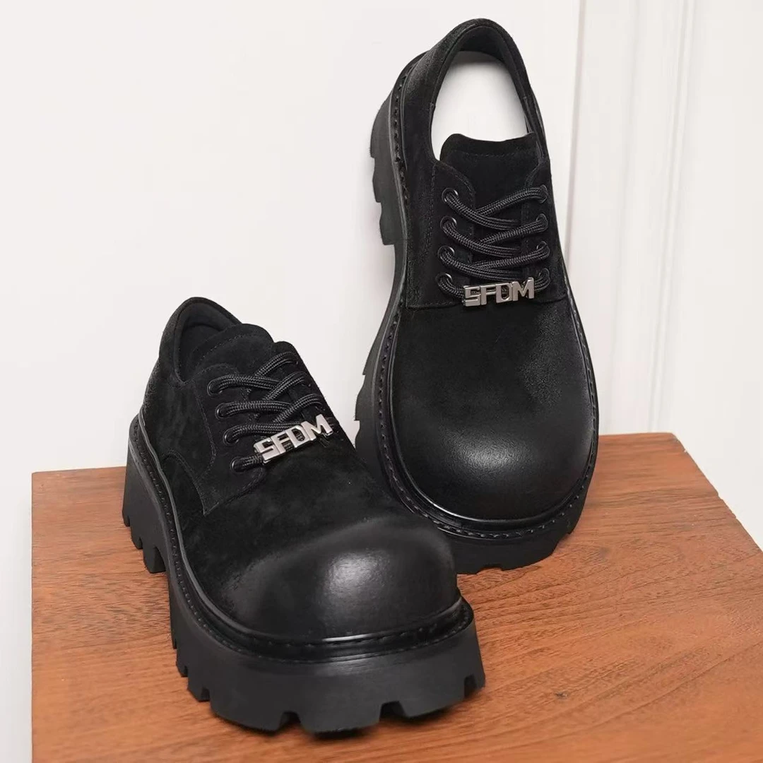 素菲迪缦新款潮流个性男鞋圆头牛反绒厚底皮鞋真牛皮休闲时尚秋冬