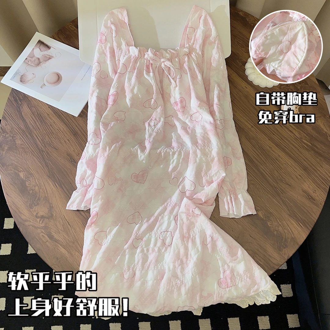 带胸垫睡裙女春秋季长袖梭织棉甜美爱心中长款网红睡衣家居服秋冬