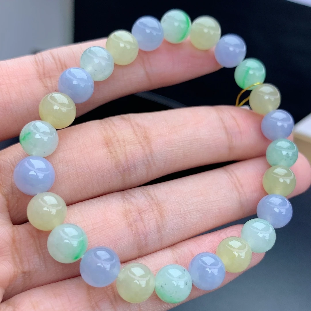 缅甸A货翡翠马卡龙多宝紫绿黄圆珠手链手串单圈LJ1T17卡7.5mm