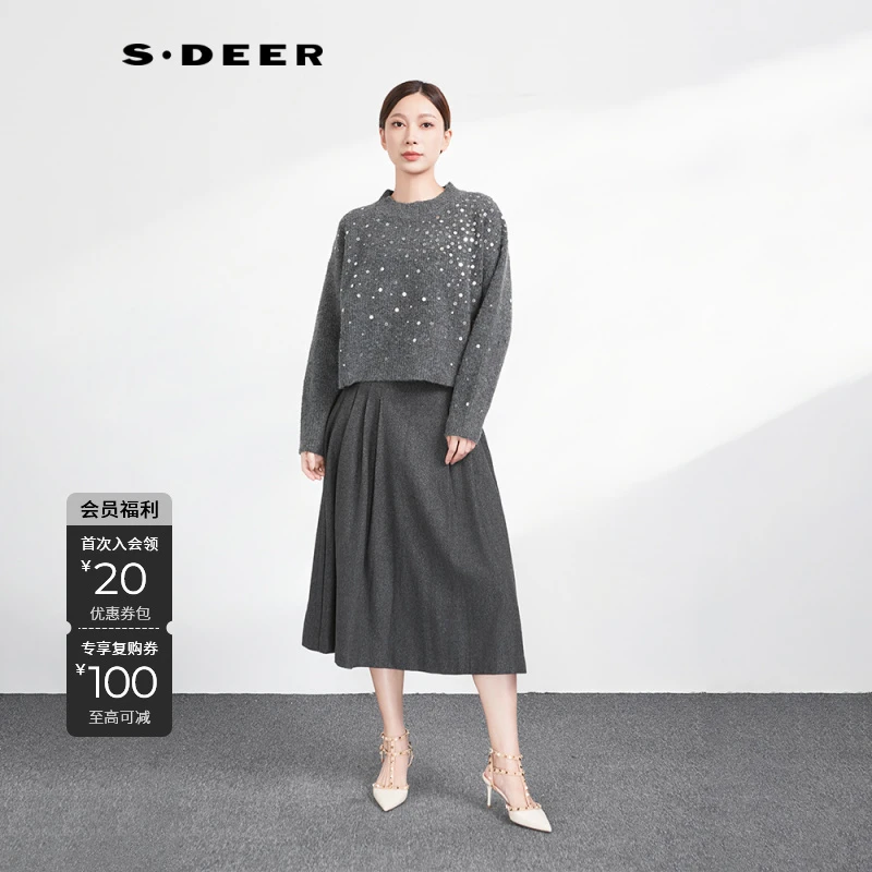 S·DEER时尚百搭秋冬季女装显瘦灰色简约长袖针织衫毛衣S234Z3584