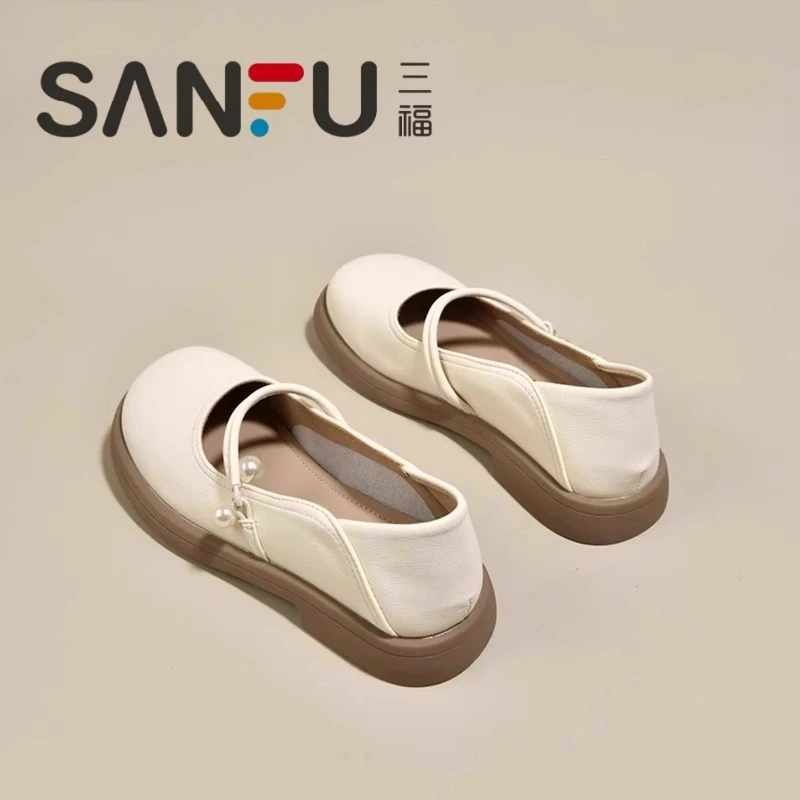 三福软皮玛丽珍鞋女平底单鞋2025春季新款乐福鞋配裙子温柔小皮鞋