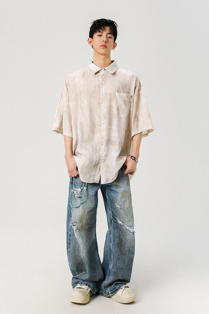 凉感冰丝顺滑垂感夏季潮流宽松情侣男短袖常规晕染薄款衬衫外套