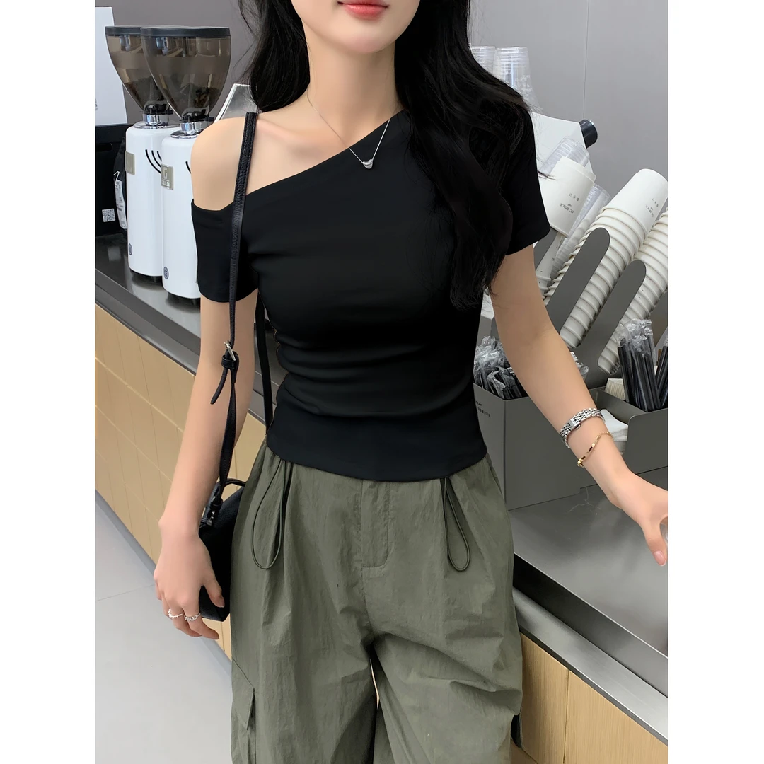 2025新款夏季短袖T恤女斜肩设计性感辣妹一字领气质上衣打底衫潮