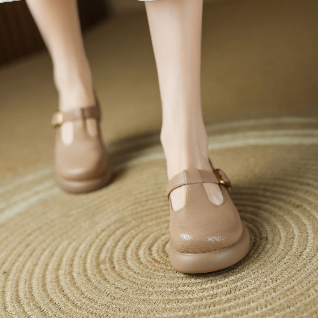 真皮法式圆头厚底单鞋女2025新款浅口高跟鞋丁字扣玛丽珍鞋303-2