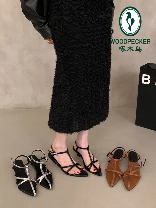 啄木鸟法式复古细带罗马凉鞋女外穿2025夏新款配裙子坡跟尖头凉鞋