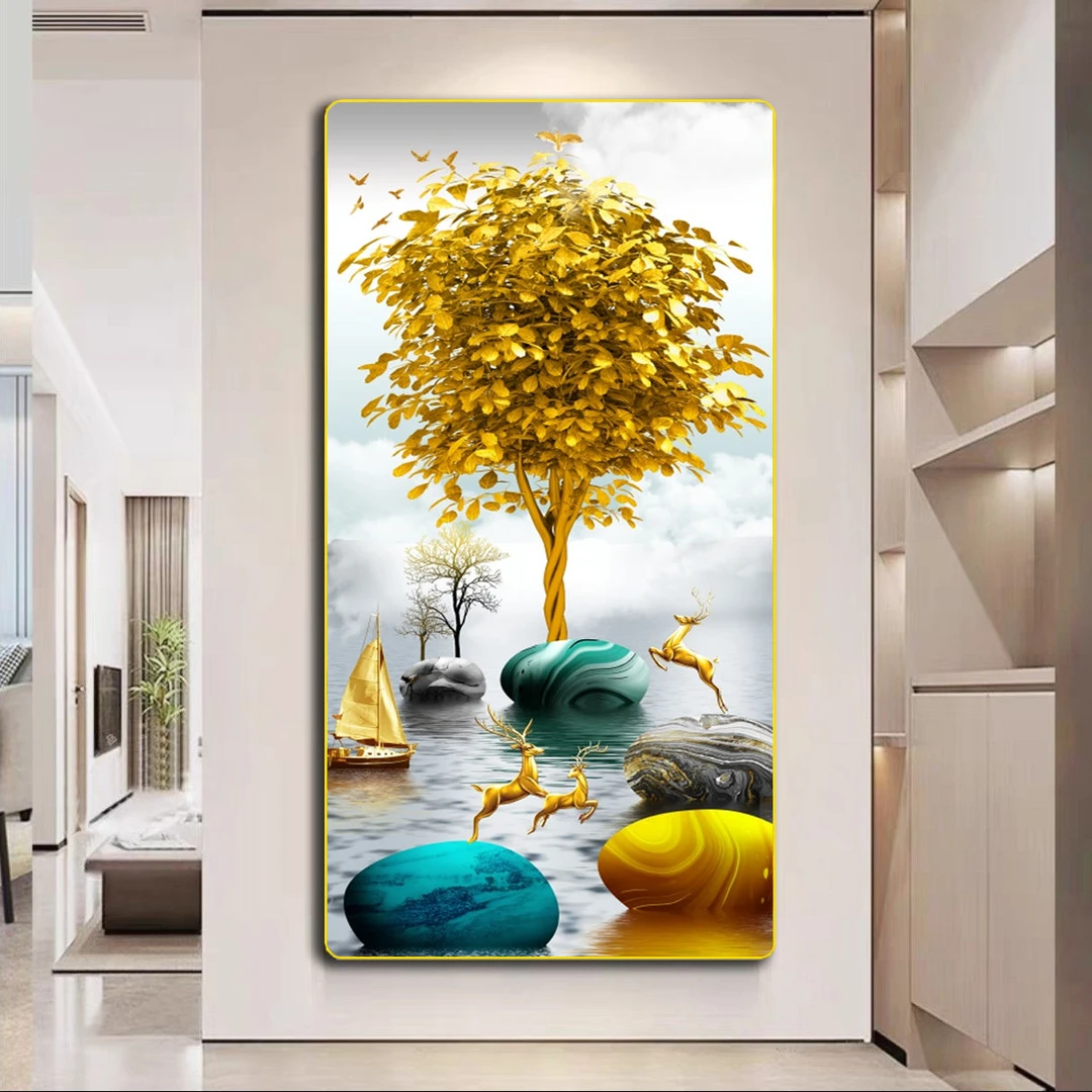 XG03现代简约中式客厅玄关装饰画金钱树挂画走廊过道轻奢简约壁画