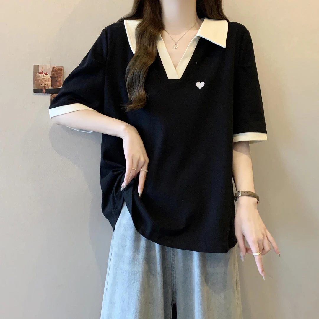 减龄宽松遮肚子刺绣polo领短袖打底衫夏季大码微胖妹妹显瘦百搭上