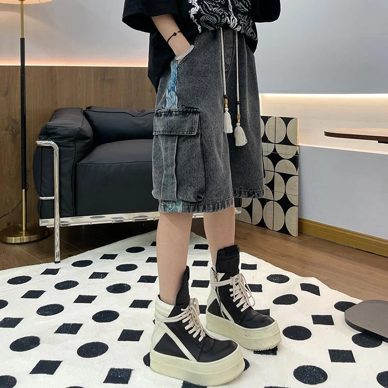 水洗复古牛仔短裤男夏季新款潮流宽松大码美式休闲痞帅直筒五分裤