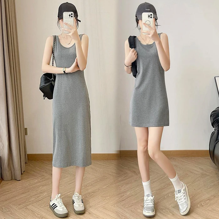 中长款打底无袖连衣裙百搭纯色修身包臀夏性感外穿小个子背心裙