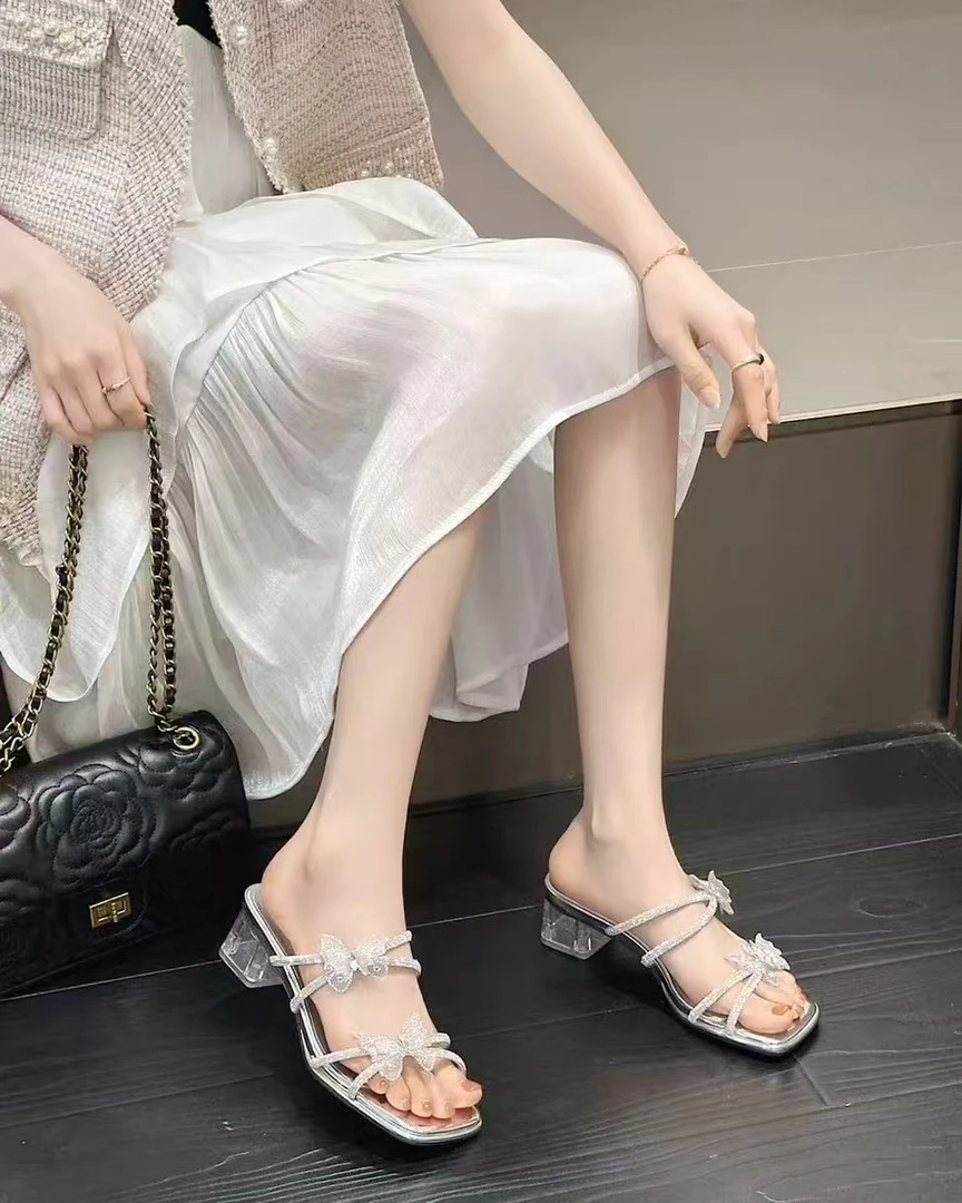 【原帅甄选】新疆包邮仙女风水钻凉拖鞋蝴蝶结水晶粗跟凉鞋9026一26