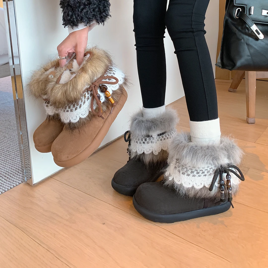 伯爵猫两穿毛毛雪地靴女2025秋冬新款复古厚底蝴蝶结加绒加厚棉鞋