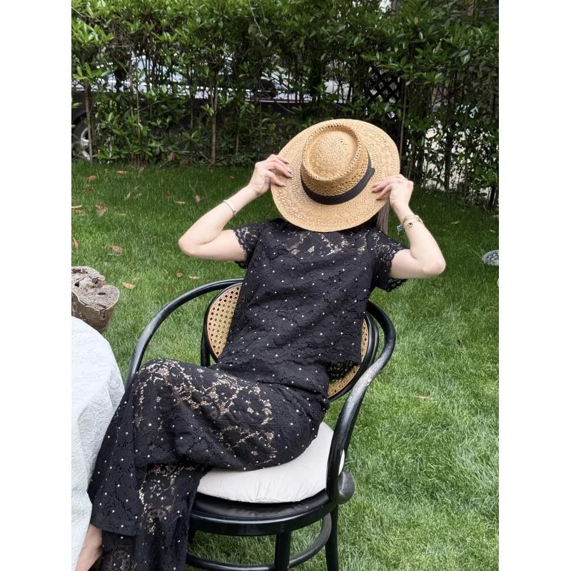 LUXURYMEMO【黑蔷薇】爆款新款设计师高品质柔软镂空钩花蕾丝套装