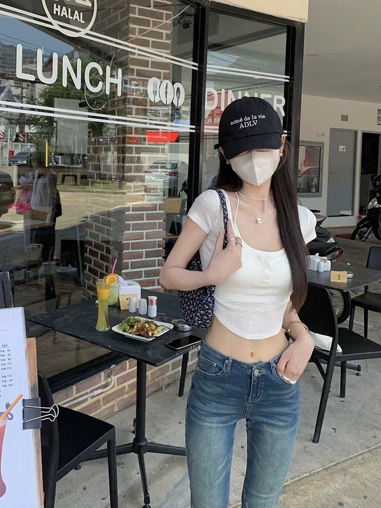 6080夏季新款纯欲性感辣妹漏锁骨设计感显瘦紧身设计感不规则T恤