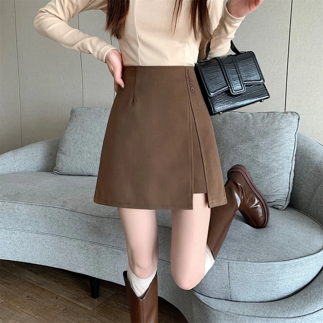 大码胖mm咖色半身裙女2025新款高腰显瘦包臀开叉裙裤毛呢a字短裙
